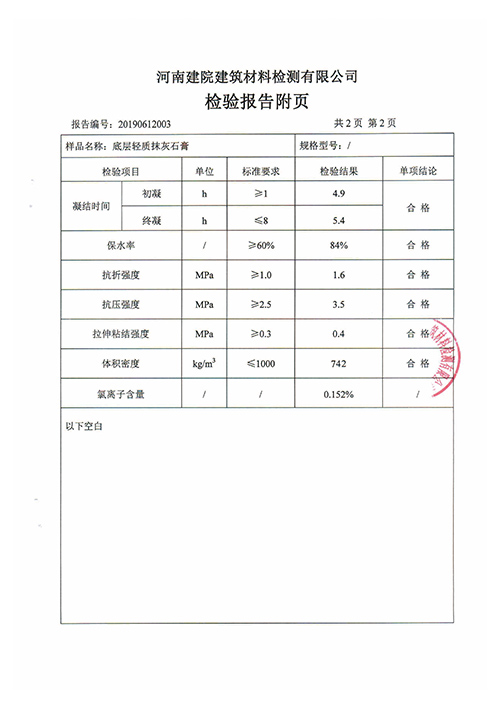 輕質(zhì)抹灰石膏最新檢測報(bào)告